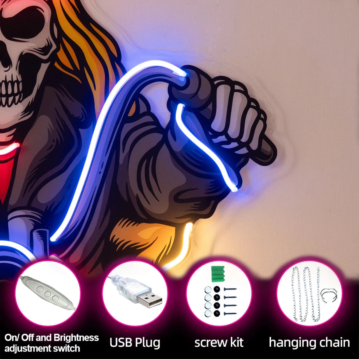 Neon Biker Skull Wall Light