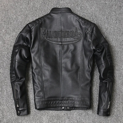 Elegante chaqueta de moto de cuero auténtico para hombre