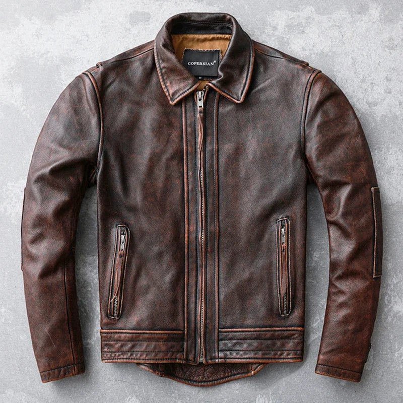 Vintage Red Brown Slim-Fit Leather Jacket