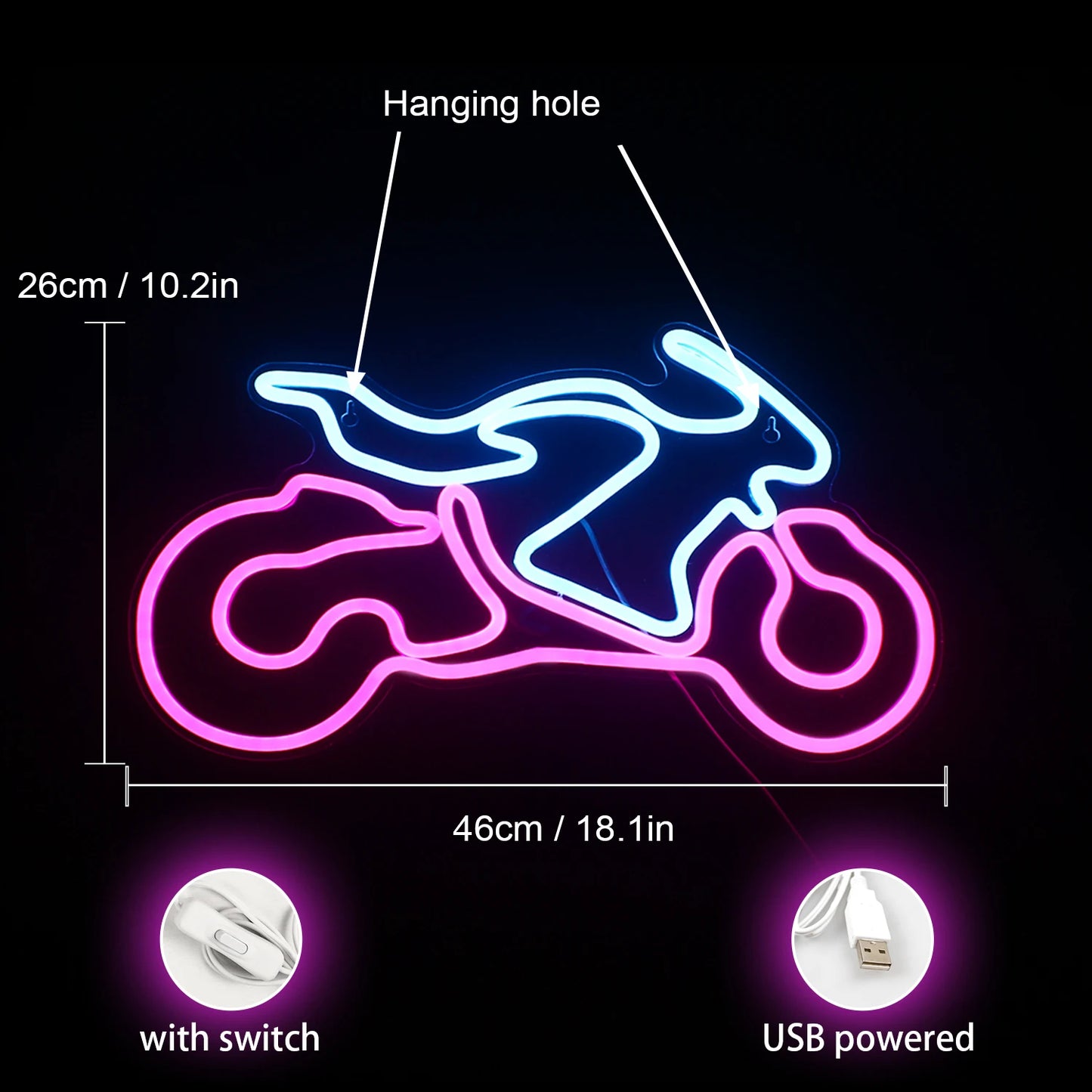 Motocicleta e sinal de led de neon de garagem