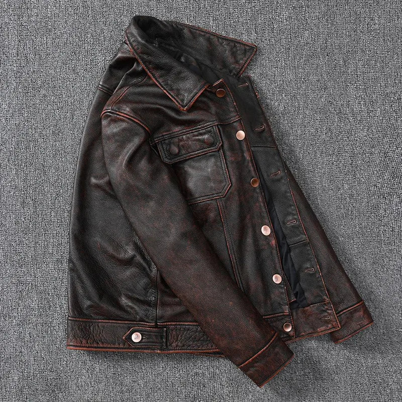 Vintage Style Cowhide Denim Leather Jacket