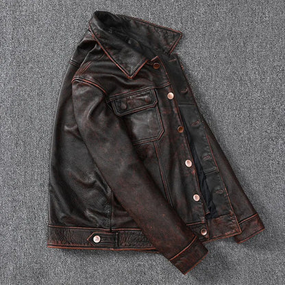 Vintage Style Cowhide Denim Leather Jacket