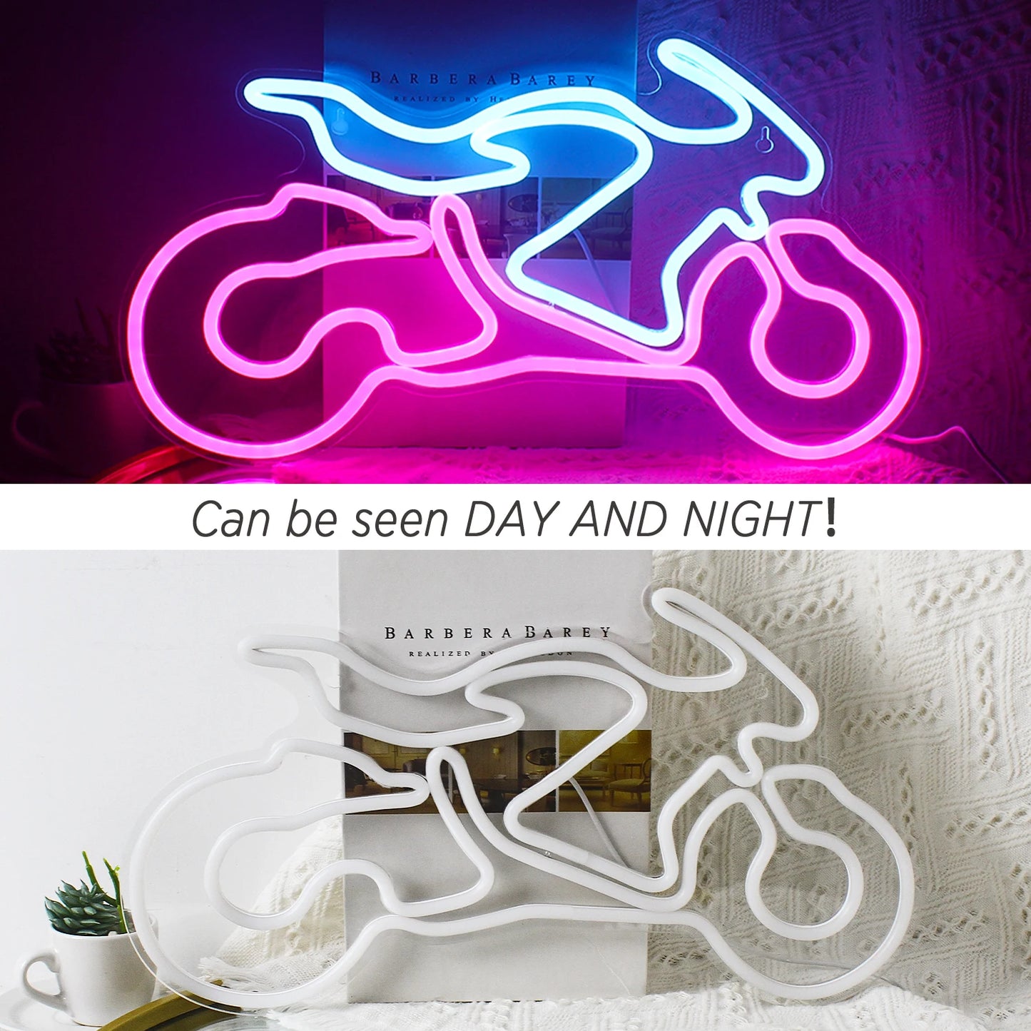 Motocicleta e sinal de led de neon de garagem