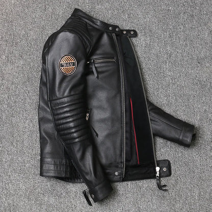 Jaqueta de motocicleta de couro genuíno masculino elegante