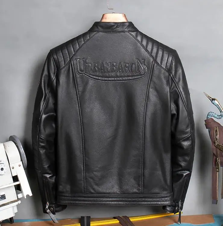 Biker Moto Chaqueta delgada de cuero genuino para hombre