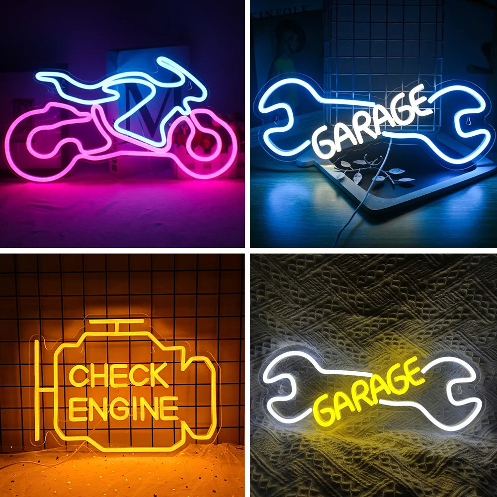 Motocicleta e sinal de led de neon de garagem