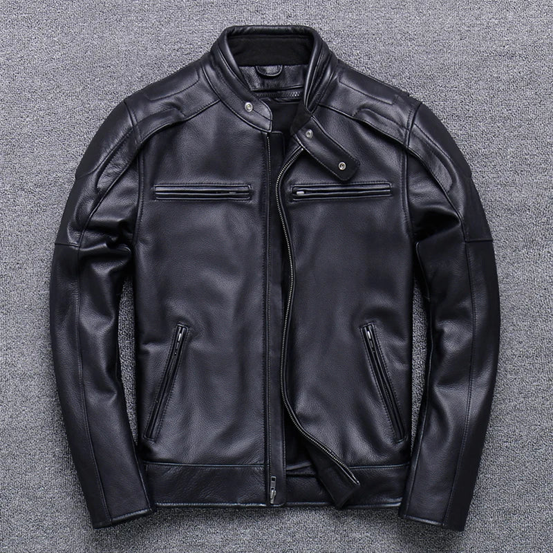 Chaqueta de moto de piel auténtica de corte entallado para hombre