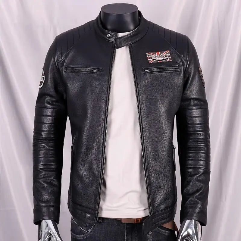 Biker Moto Chaqueta delgada de cuero genuino para hombre