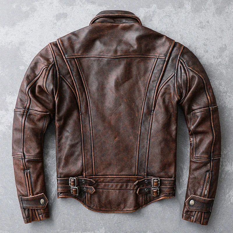 Vintage Red Brown Slim-Fit Leather Jacket